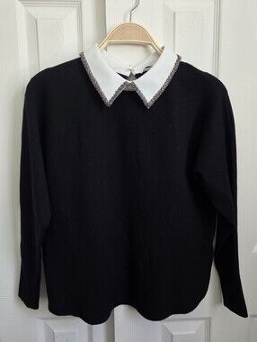 Sioni Milano Black Knit Long Sleeve Twee Sweater Embelished Beaded Collar, Med